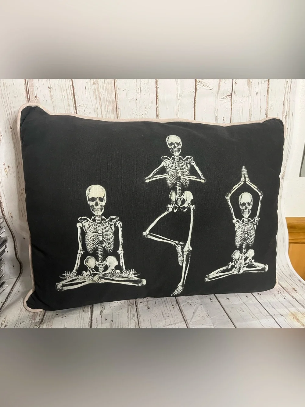 Halloween Yoga Skeleton Lumbar Pillow Black 17x12